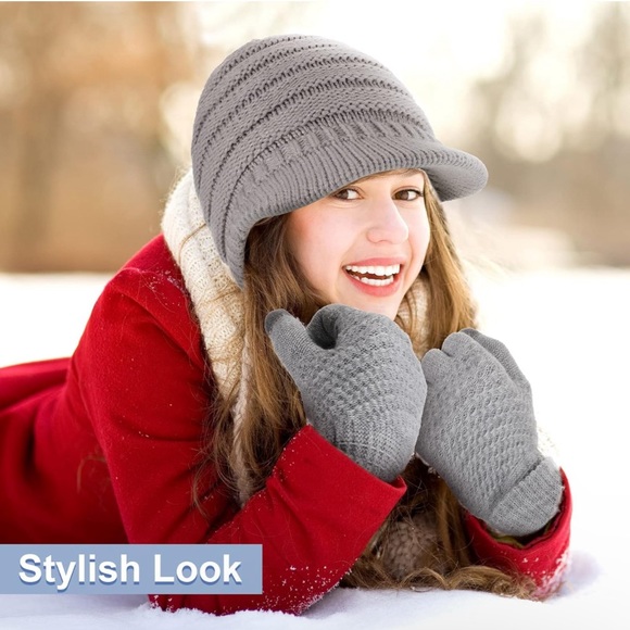 Gray Womens Winter Hats with Visor Winter Gloves Sequined Flower Touchscreen … - Picture 2 of 5